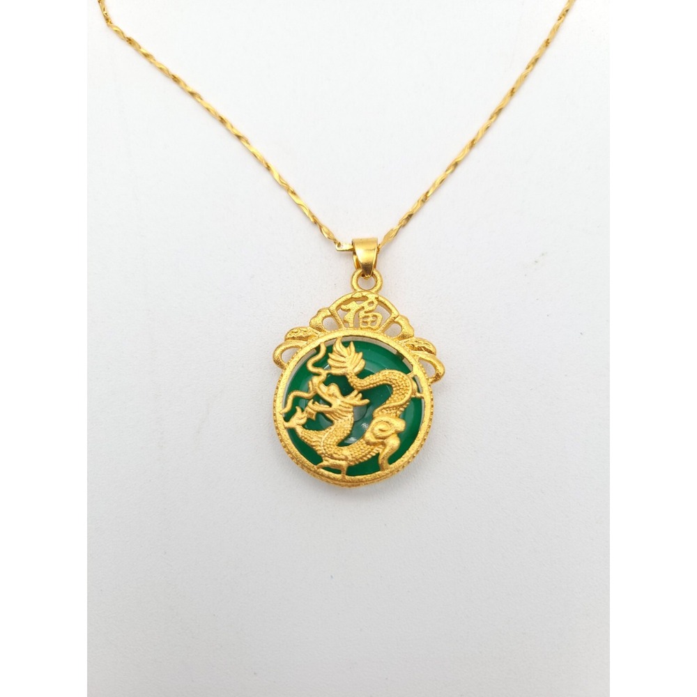Green Jade Gold Tone dragon Pendant On 18k Gold Electroplated Chain Necklace - Picture 3 of 10